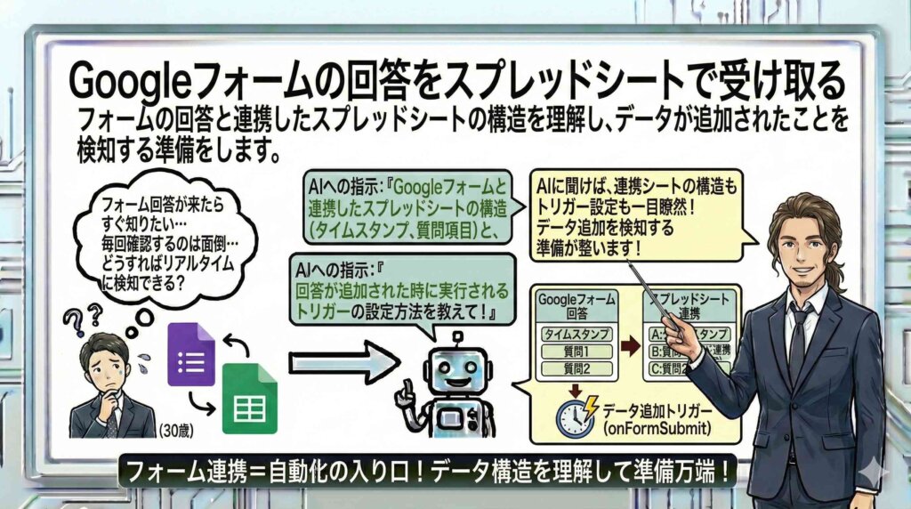 Googleフォームの回答をスプレッドシートで受け取るを図解する男性