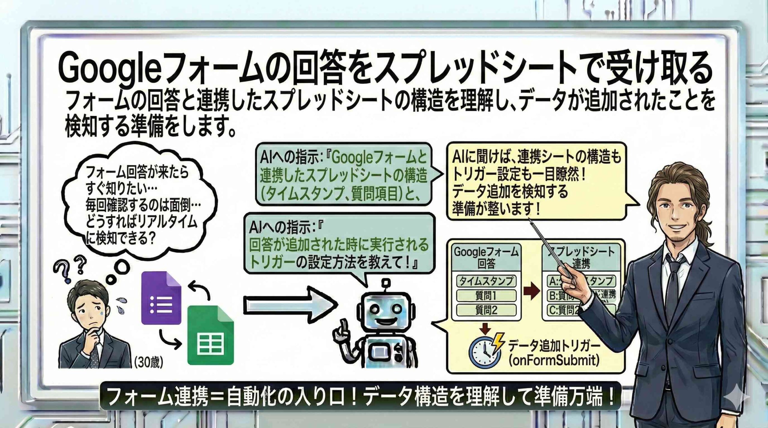 Googleフォームの回答をスプレッドシートで受け取るを図解する男性