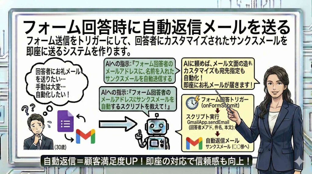 フォーム回答時に自動返信メールを送るを図解する女性
