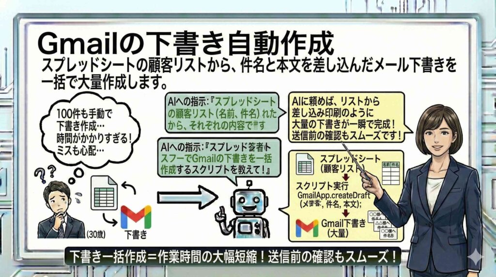 Gmailの下書き自動作成を説明する女性