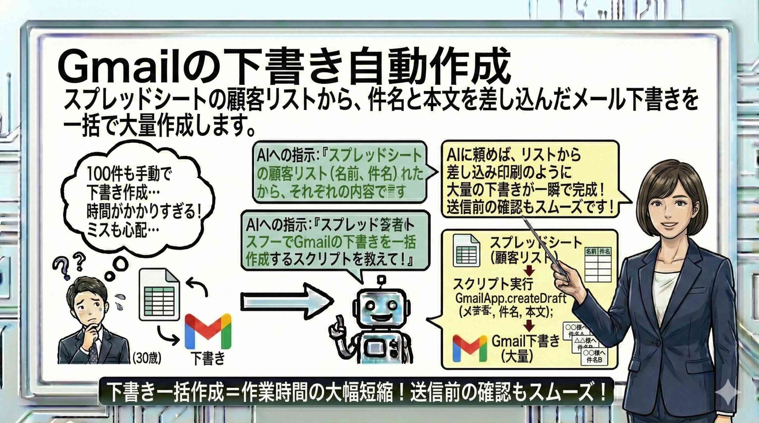 Gmailの下書き自動作成を説明する女性
