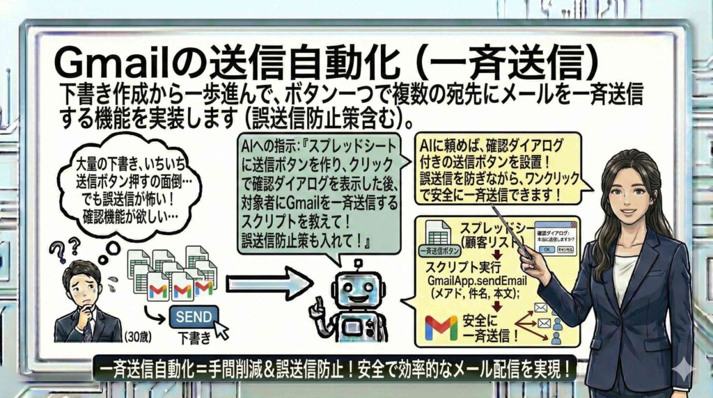 Gmailの送信自動化（一斉送信）を解説する女性