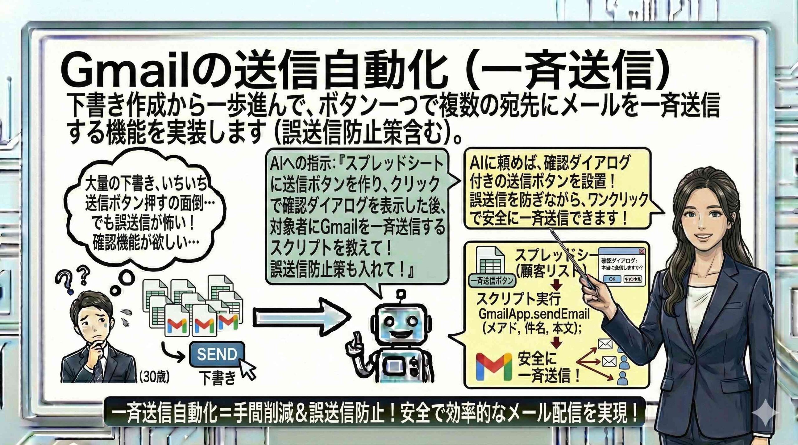 Gmailの送信自動化（一斉送信）を解説する女性