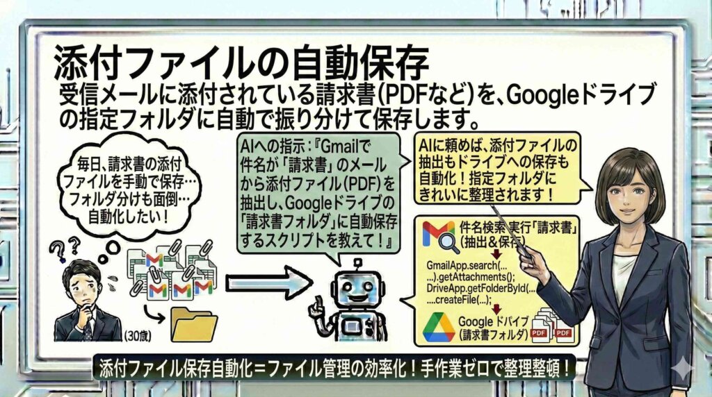 添付ファイルの自動保存を解説する女性
