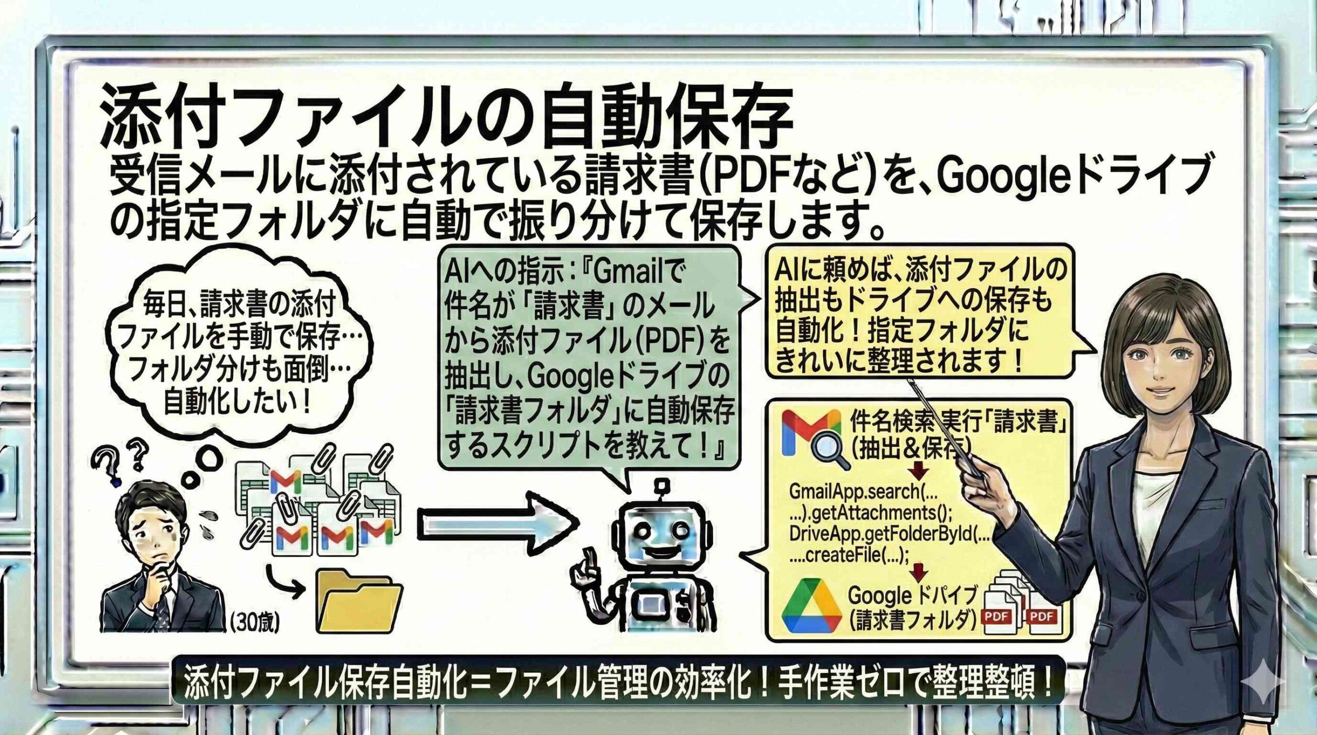 添付ファイルの自動保存を解説する女性