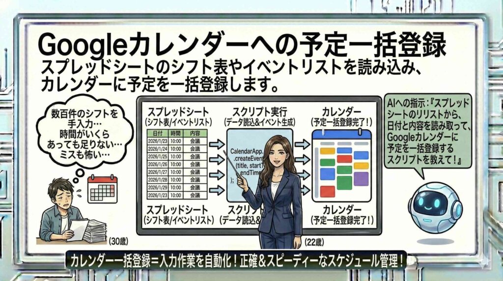Googleカレンダーへの予定一括登録を説明する女性
