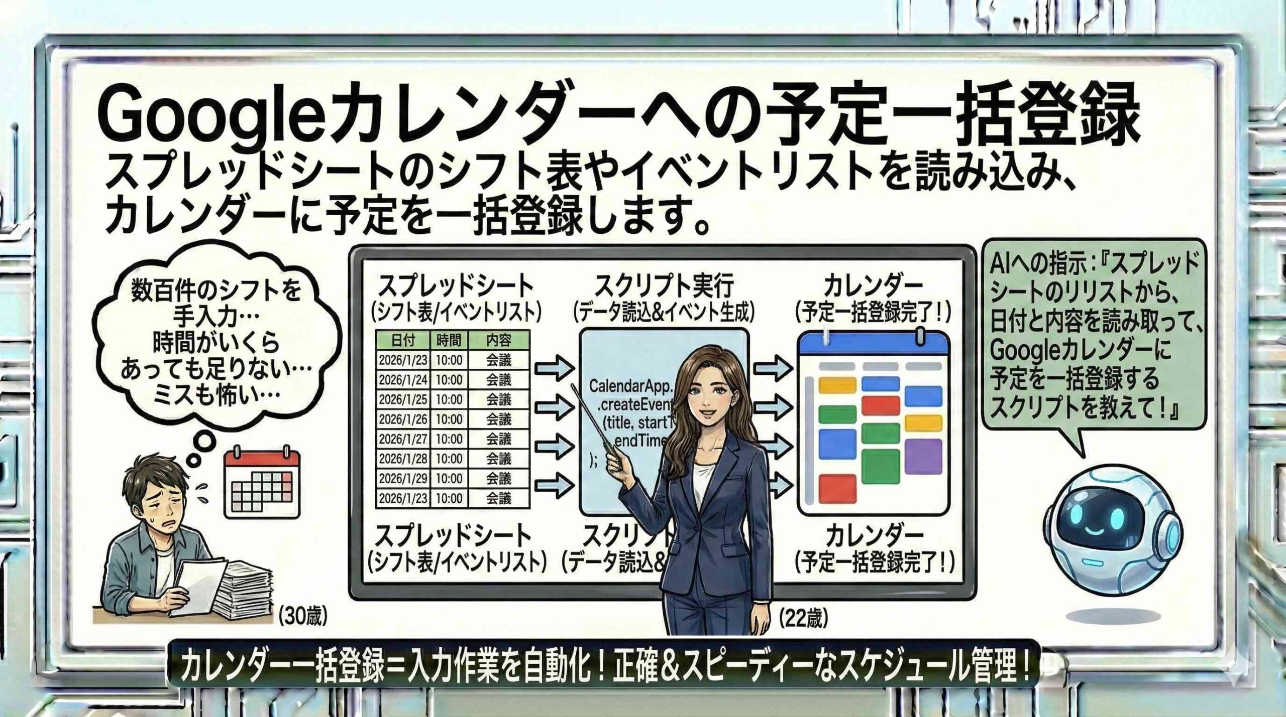 Googleカレンダーへの予定一括登録を説明する女性