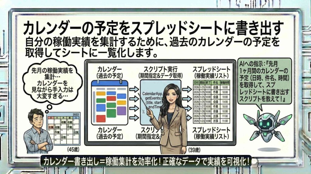 カレンダーの予定をスプレッドシートに書き出す仕組みを説明する女性
