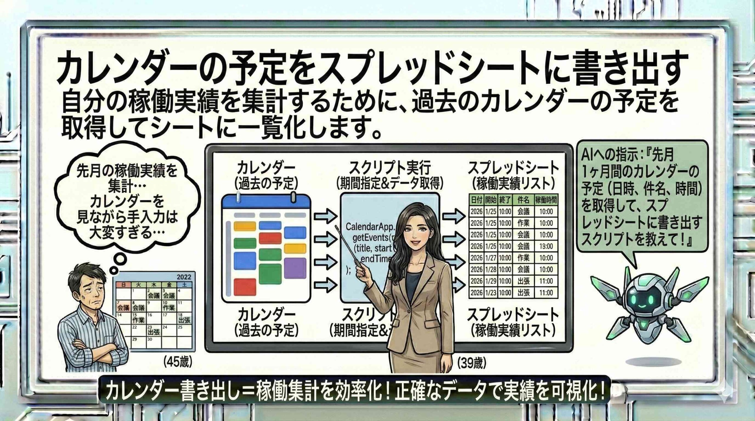 カレンダーの予定をスプレッドシートに書き出す仕組みを説明する女性