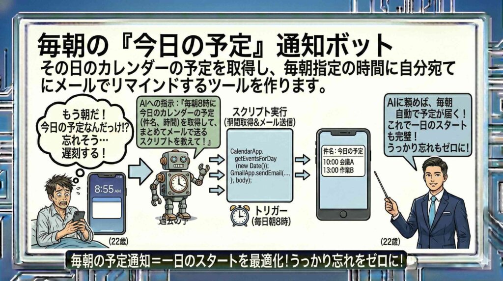 毎朝の「今日の予定」通知ボットを図解している男性