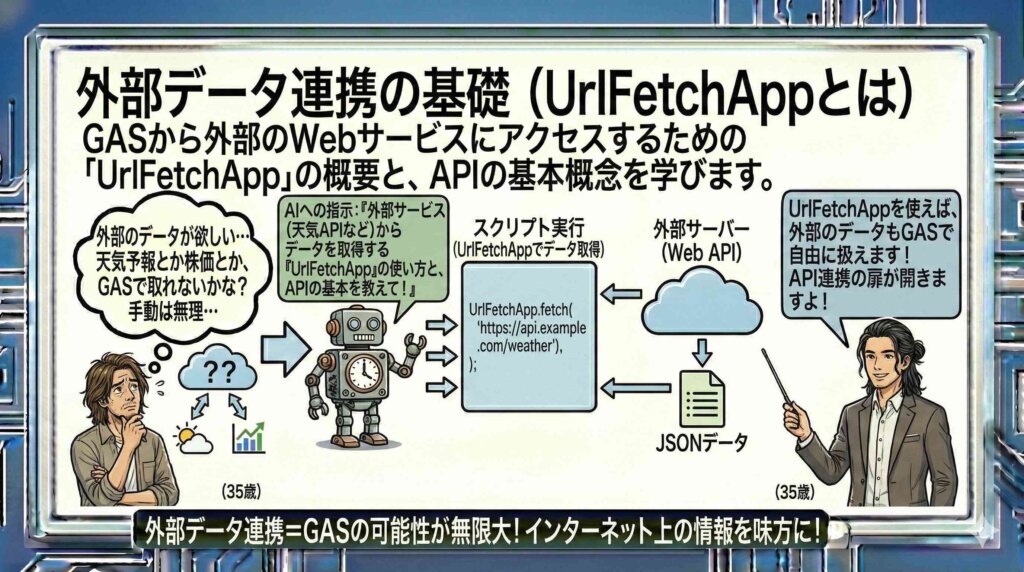 外部データ連携の基礎（UrlFetchAppとは）を解説する男性