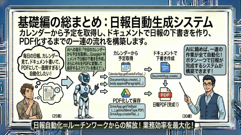 基礎編の総まとめ-日報自動生成システムを解説する男性