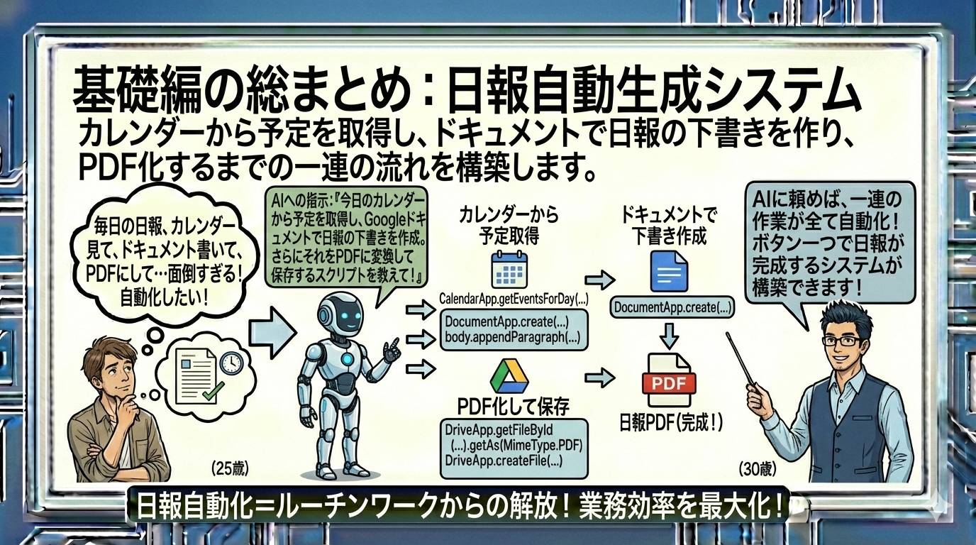 基礎編の総まとめ-日報自動生成システムを解説する男性