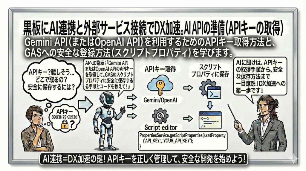 AI-APIの準備（APIキーの取得）を図解している男性
