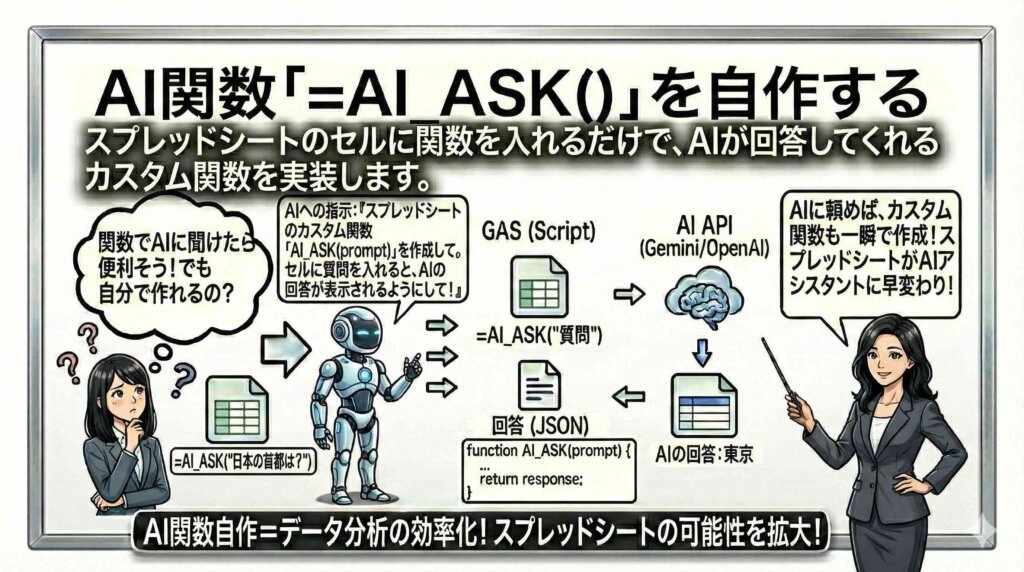 AI関数「=AI_ASK()」を自作する。を解説している女性