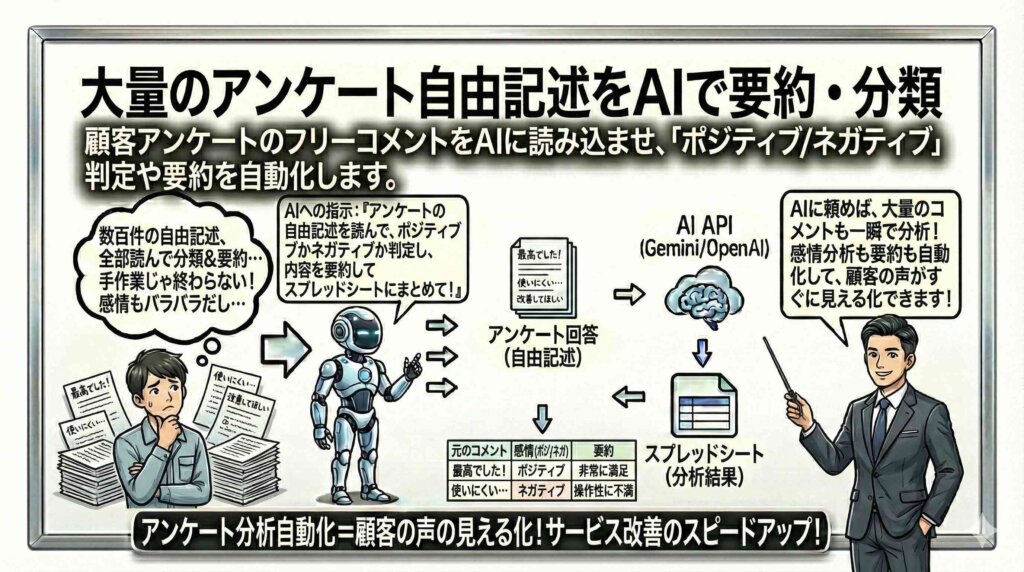 大量のアンケート自由記述をAIで要約・分類する。を図解している男性