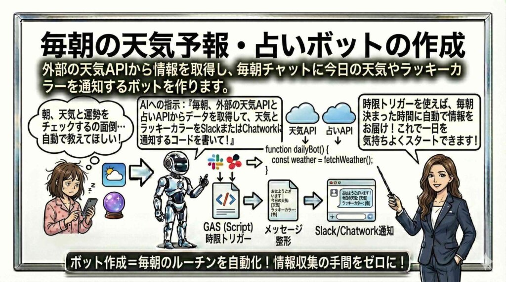 毎朝の天気予報・占いボットの作成する仕組みを図解する女性