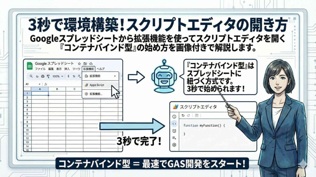 20260219スクリプトエディタの開き方を解説する女性