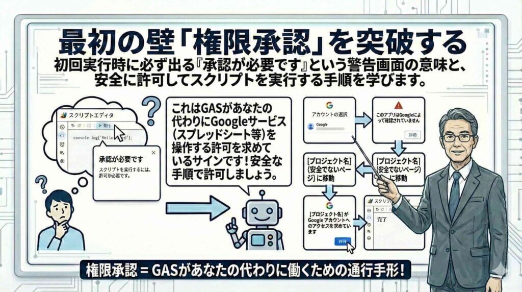 最初の壁「権限承認」を突破するを説明する男性