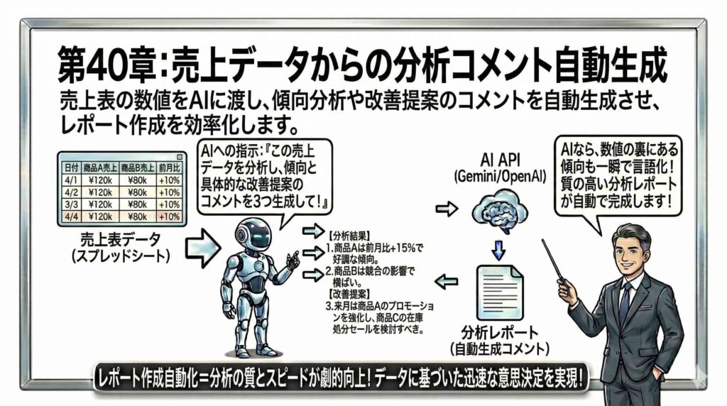 売上データからの分析コメント自動生成の仕組みを図解する男性