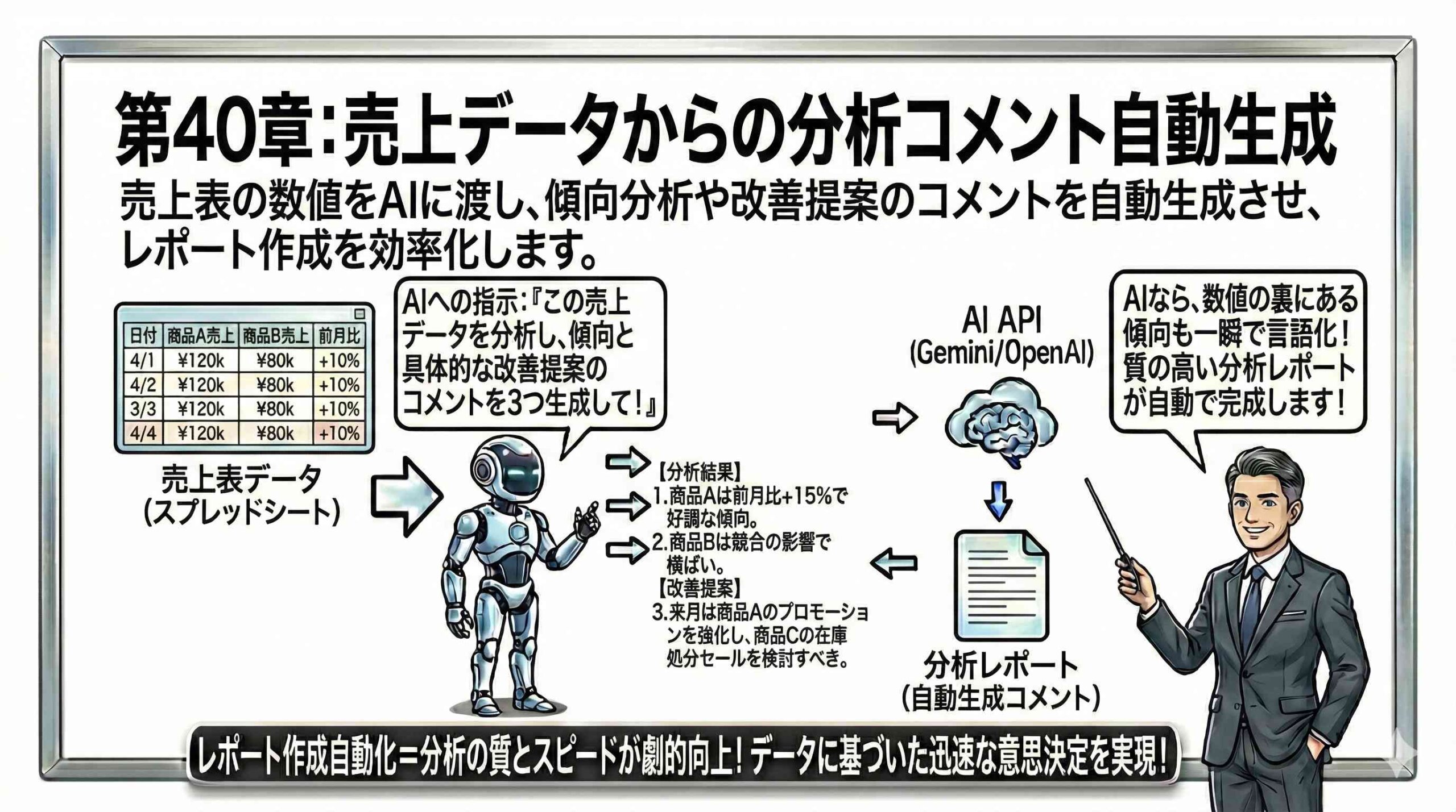 売上データからの分析コメント自動生成の仕組みを図解する男性