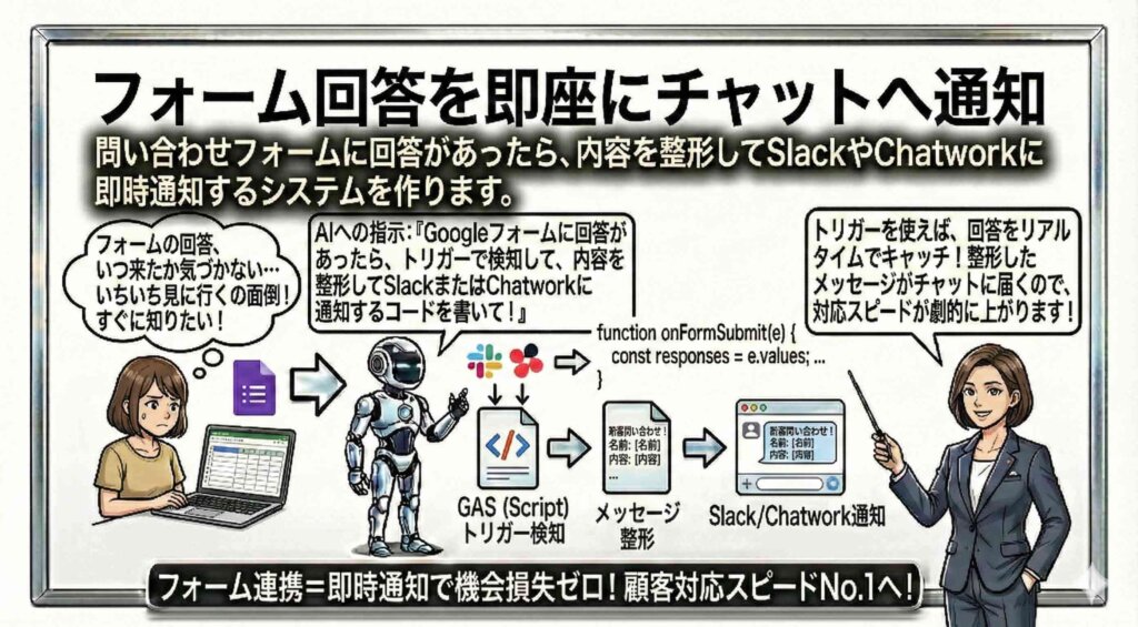 20260330フォーム回答を即座にチャットへ通知する方法を説明する女性